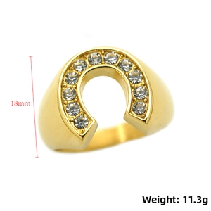 Detail view of U-shaped gold horseshoe ring showing 18mm height and crystal inlay