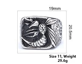 Detailed macro view of vintage punk bee ring in stainless steel with dimensions
