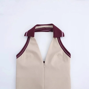 Sleeveless halter neck dress with contrast rib trim and zip-up polo collar in beige