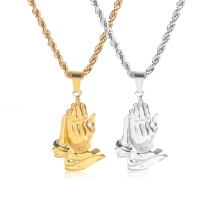 Hip hop stainless steel prayer hands pendant necklaces in gold and silver twist chains