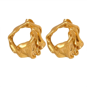 Polished gold earrings with abstract lava texture and irregular hollow embossed design