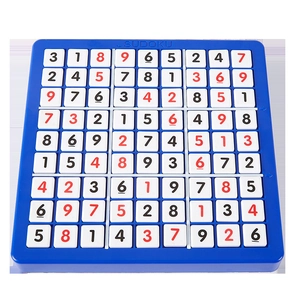 Blue Sudoku puzzle board for children with colorful number blocks for logic training