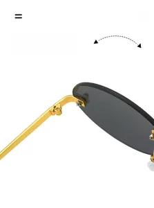 Close-up of the strong metal hinge and gold temple on rimless oval sunglasses