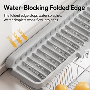 Gray narrow silicone faucet mat with slanted drainage slope for kitchen sink protection