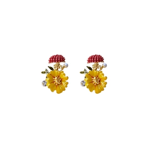 Sweet floral and mushroom stud earrings with rhinestones on a white background
