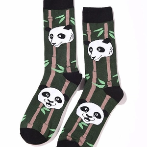 Forest green cotton mid-calf socks with panda and bamboo pattern for men and women