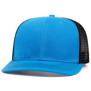 Detail view of the sky blue and black trucker hat featuring breathable mesh and stitching