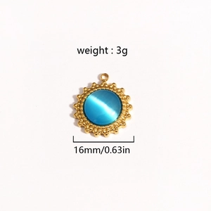 Gold sunflower pendant with blue cat eye stone, 16mm size and 3g weight specifications