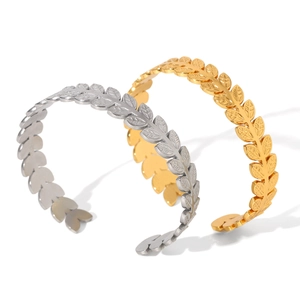 Polished stainless steel leaf open bracelets in gold and silver wheat pattern style