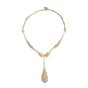 Retro golden liquid metal waterdrop necklace with sparkling diamonds for women
