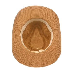 Detalle interior de un sombrero de paja con cordón ajustable y banda para el sudor