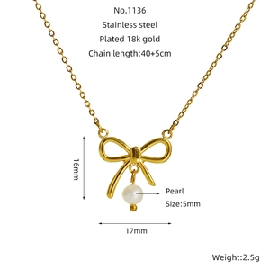 Détails du collier en acier inoxydable plaqué or 18k avec nœud et perle de 5mm