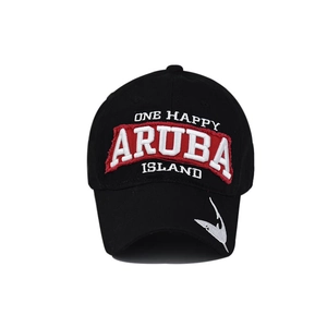 Black washed cotton baseball cap with Aruba One Happy Island red and white embroidery
