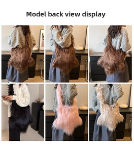 Detail shots showing star-shaped faux fur shoulder bags in multiple colors and style