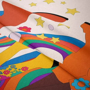Close-up of soft flannel tapestry with vibrant rainbow patterns and stars for room decor