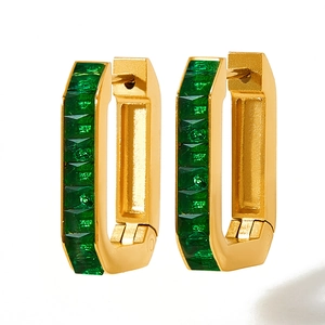 Gold rectangular hoop earrings with emerald-cut green cubic zirconia stones for women
