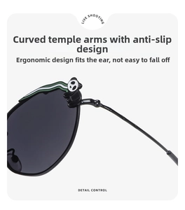 Detail of cute panda and bamboo design on curved anti-slip temples of kids sunglasses