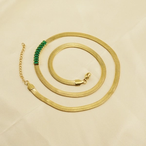 Vintage 18K gold plated flat snake chain necklace with green rectangular zircons