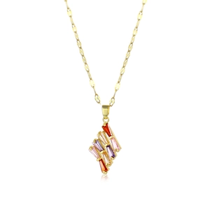 Gold stainless steel necklace with colorful rectangular zircon pendants on white background