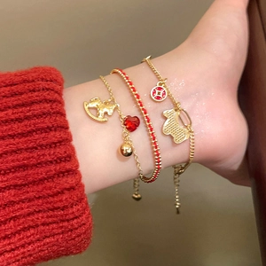 New Chinese Style Copper Gold Plated Bracelets With Rocking Horse Heart Bear Charms Red Braided Rope Jewelry For Women