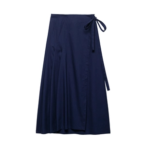 Women's summer linen sarong skirt in navy blue featuring a stylish waist bow tie design