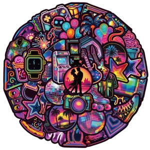 Detail of neon graffiti stickers featuring colorful 80s 90s retro designs on dark background