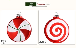 Two styles of red and white Christmas disc ornaments with glitter accents and silver hooks