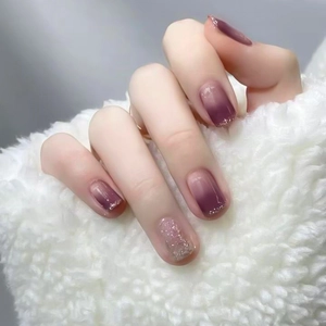 French Style Press On Nails Purple Gradient Ombre Silver Glitter Shimmer Square Round Shape ABS Material Sweet For Women