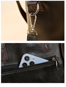 Detail of lychee pattern leather bag showing metal hook and back zipper pocket with phone