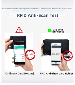 Detail showing RFID blocking technology on black litchi leather long wallet for security