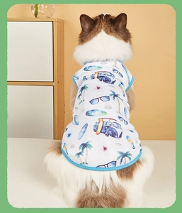 Detail of breathable white mesh dog vest with summer surf print and blue trim on cat
