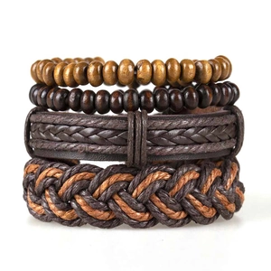 Men Vintage Brown Braided Leather Bracelet Wood Beads Adjustable Rope Wristband Retro Handmade Jewelry