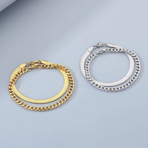 Stainless Steel Double Layer Bracelet Minimalist Herringbone Snake And Cuban Curb Chain Polished Jewelry For Unisex