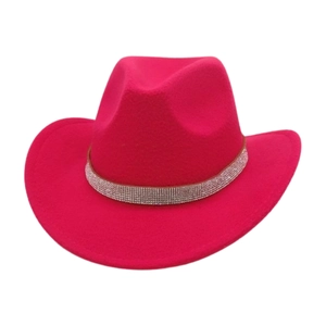 Magenta wide-brim western cowboy wool felt hat with shimmering rhinestone band trim