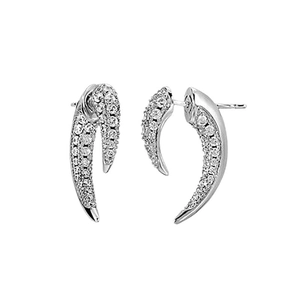 Silver crescent horn stud earrings with sparkling cubic zirconia on white background