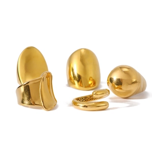 Set of four polished 18K gold plated chunky stainless steel oval rings for women