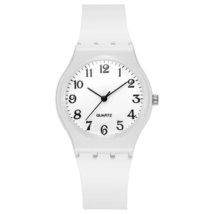 Close-up of minimalist white quartz watch featuring clear black numerals and resin strap