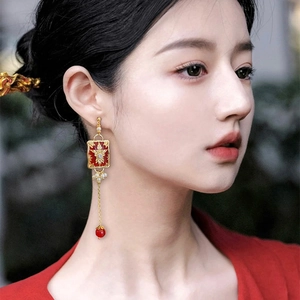 Elegant Chinese style long tassel earrings with red enamel and gold flower rectangle studs