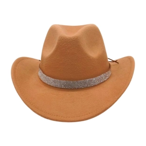 Detail of camel wool felt cowboy hat with sparkling rhinestone band decoration