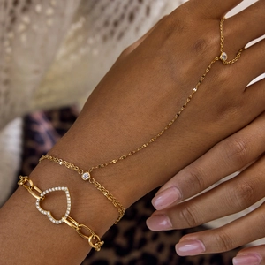 Bracelet coeur en acier inoxydable plaqué or 18K et bague sertie de cristaux blancs