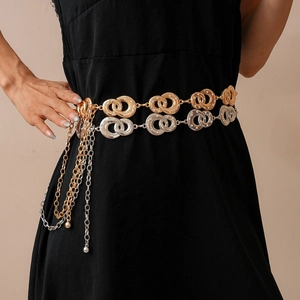 Elegant multi-layered gold and silver geometric interlocking waist chain with rhinestones