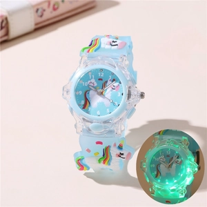 Light blue LED luminous kids watch featuring a cartoon unicorn pattern on the dial and strap