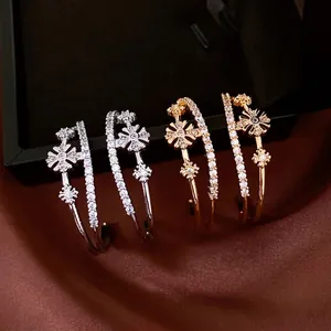 Luxurious gold plated double-layer flower bangles with sparkling zircon inlay for women