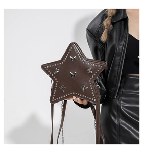 Star-shaped dark brown PU leather crossbody bag with silver rivets and metal chain strap