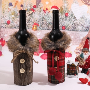 Christmas wine bottle covers with faux fur collars in brown herringbone and red plaid