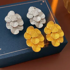 Boucles D'oreilles En Cuivre Plaqué Or 18K Avec Tige En Argent Fleur Multicouche Style Camélia Rétro Luxe Pour Femmes