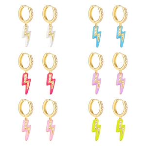 Colorful enamel lightning bolt hoop earrings set with zircon stones in six vibrant colors