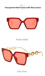 Detail view of square sunglasses with transparent red frames and gold chain temples
