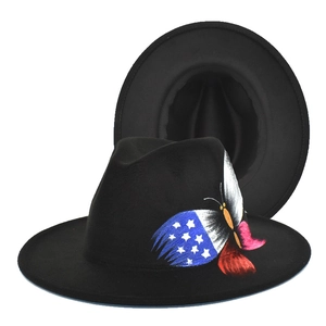Classic black wool fedora hat featuring an American flag style butterfly artistic pattern