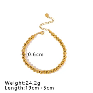 Polished 18K gold stainless steel bead bracelet with lobster clasp and sizing specs